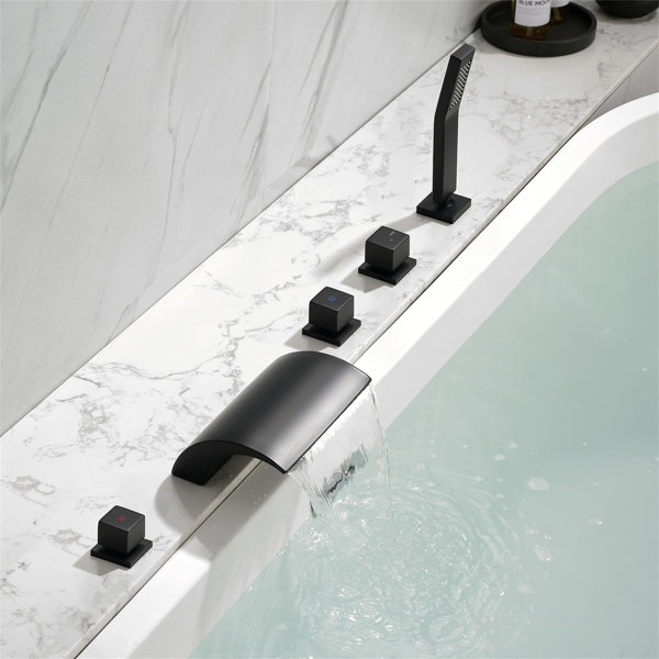 AWZTOO Deck Mount Tub Faucet With Handheld Shower 5 Hole Waterfall Bathtub Faucets Brass Triple ...